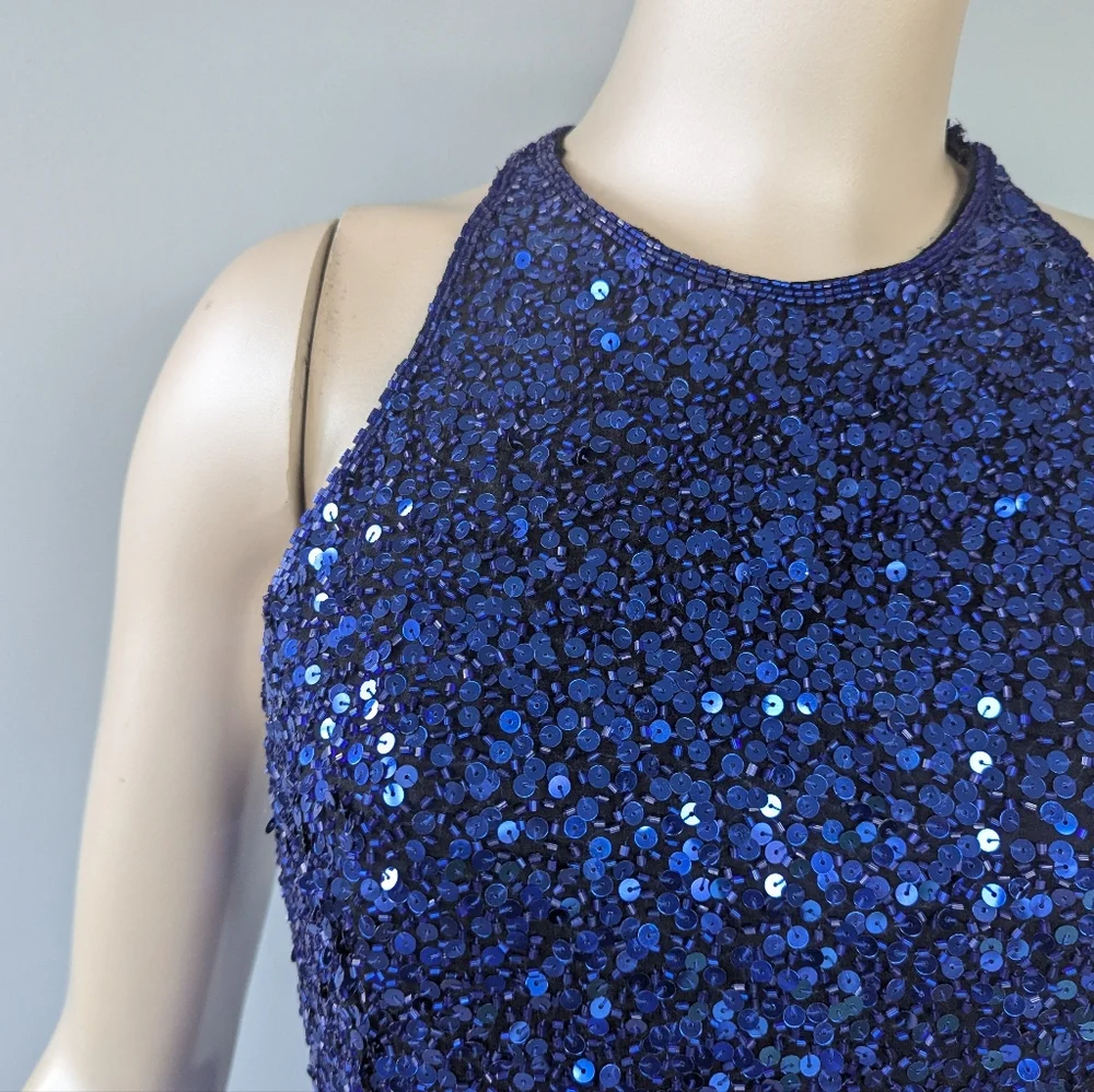 Vintage Oleg Cassini Neiman Marcus Blue Sequin Beaded Silk Cocktail Dress - Picture 4 of 12